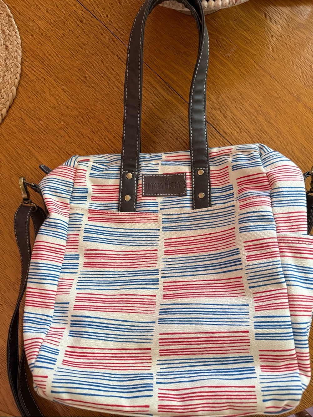 Maika Red & Blue Striped Canvas Tote with Brown Leather Handles
